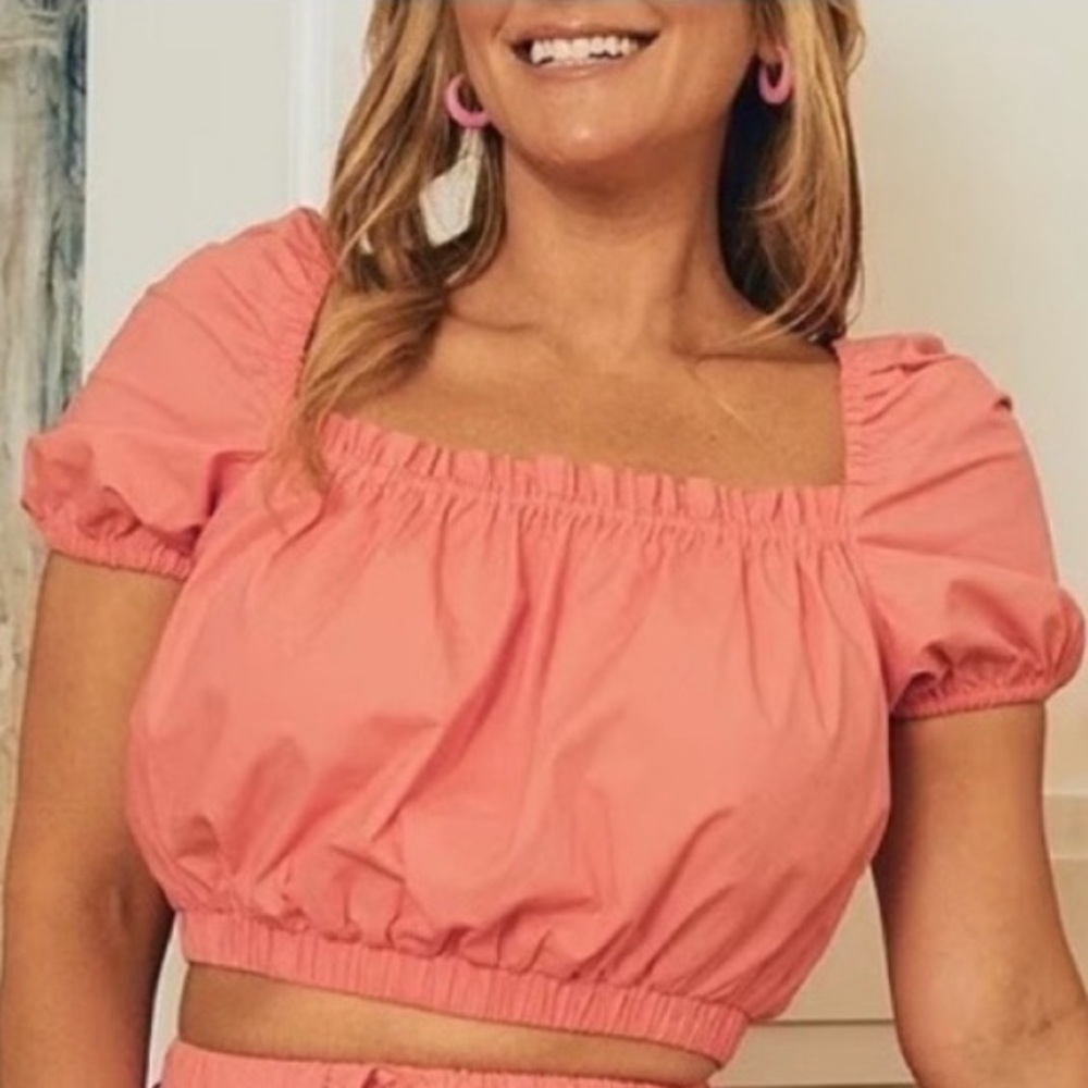 LDT Chloe Square Neck Short Puff Sleeve Smocked Cropped Top In Coral